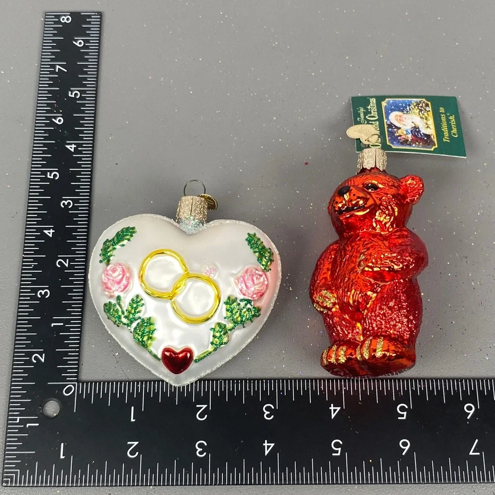 Old World Christmas Glass Holiday Ornaments Red Glitter Bear & Wedding Heart